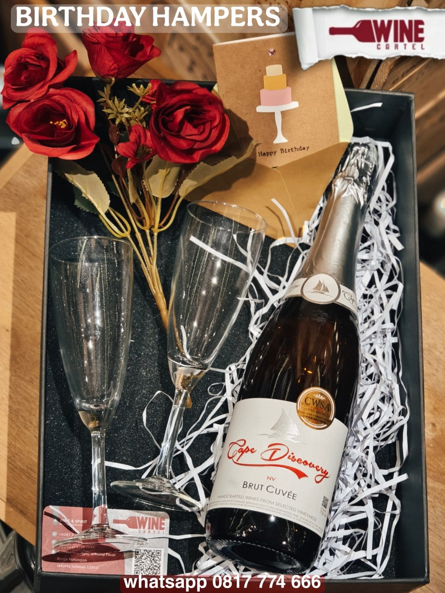 GIFT BIRTHDAY HAMPERS KADO ULANG TAHUN WHITE SPARKLING WINE Sparkling Wine Cape Discovery Brut Cuvee 750mL INDONESIA
