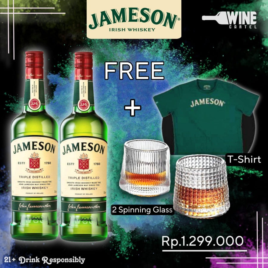 Bundling Promo WHISKY Jameson 2 Botol Free Kaos + 2 Spinning Glass IRELAND