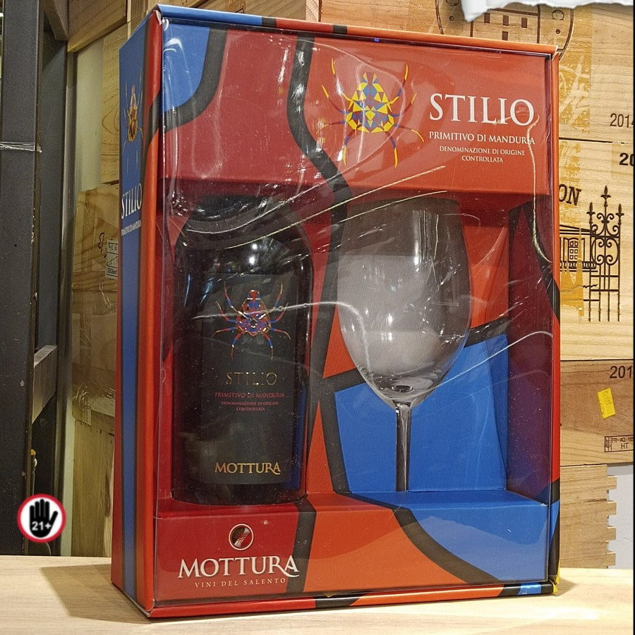 GIFT SET BOX Glass SET RED WINE Stilio Mottura Primitivo Free Gelas ITALY