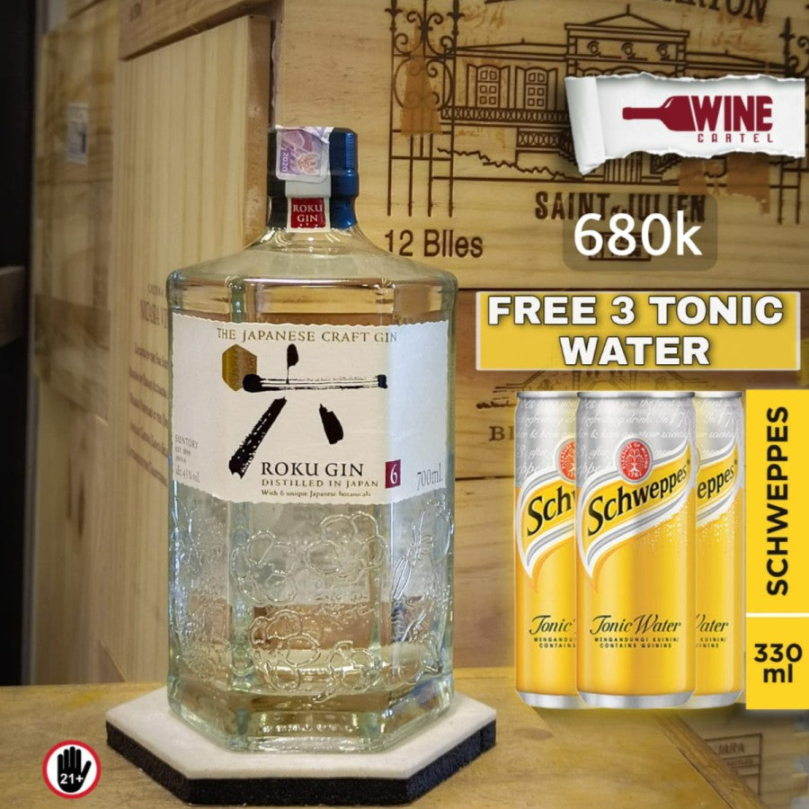GIN Roku Gin Japanese Gin 700 ML + 3 Cans Schweppes Tonic Water JAPAN