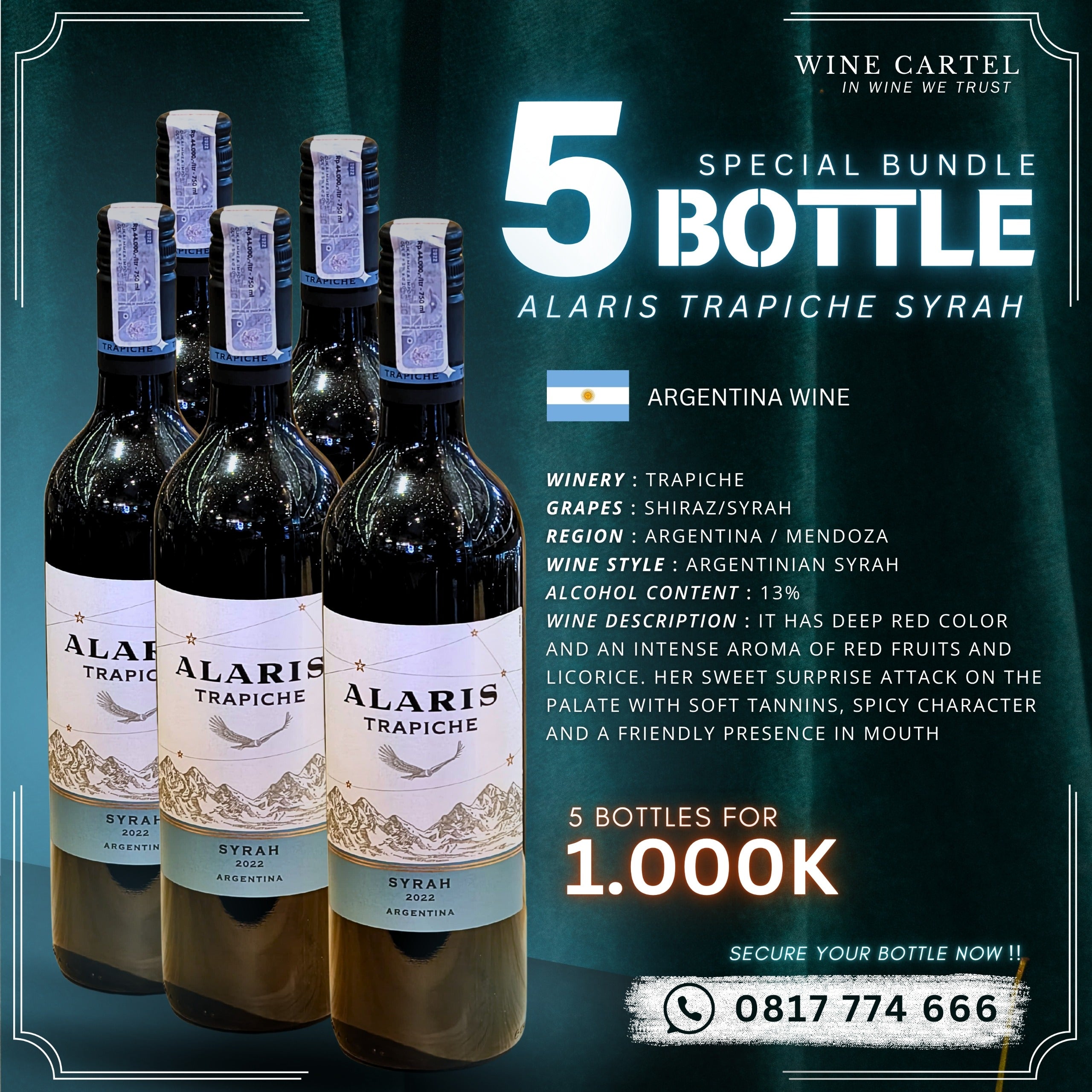 BUNDLE 5 BOTTLES Trapiche Alaris Syrah 750mL ARGENTINA BUNDLING 5 BOTOL PACK SET