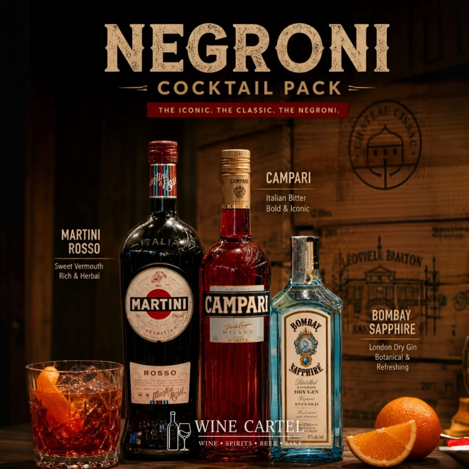 NEGRONI COCKTAIL PACK 3 Bottle Bundle | Campari Bitter - Bombay Sapphire - Martini Rosso 1L | SET 3 BOTOL