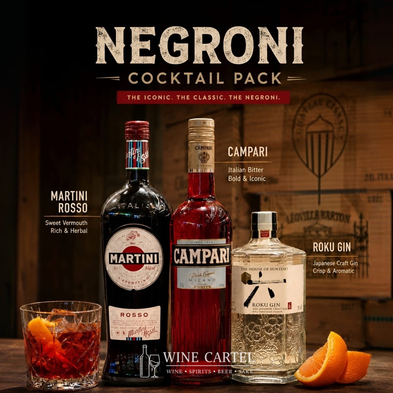 NEGRONI COCKTAIL PACK 3 Bottle Bundle | Campari Bitter - Roku Gin - Martini Rosso 1L | SET 3 BOTOL