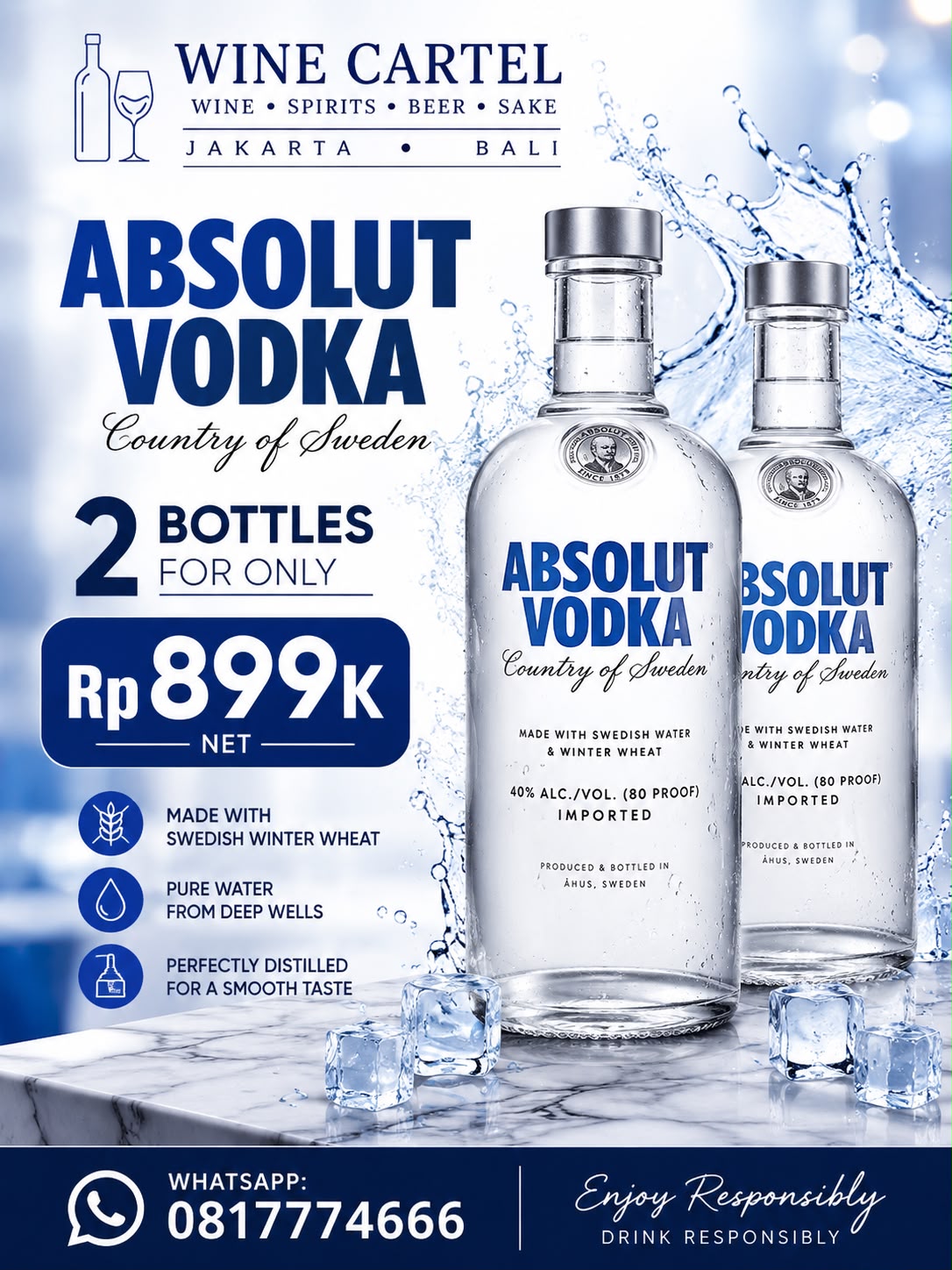 BUNDLING 2 Botol Absolut Vodka Original 700mL | Swedish Vodka | Promo 2 Bottles
