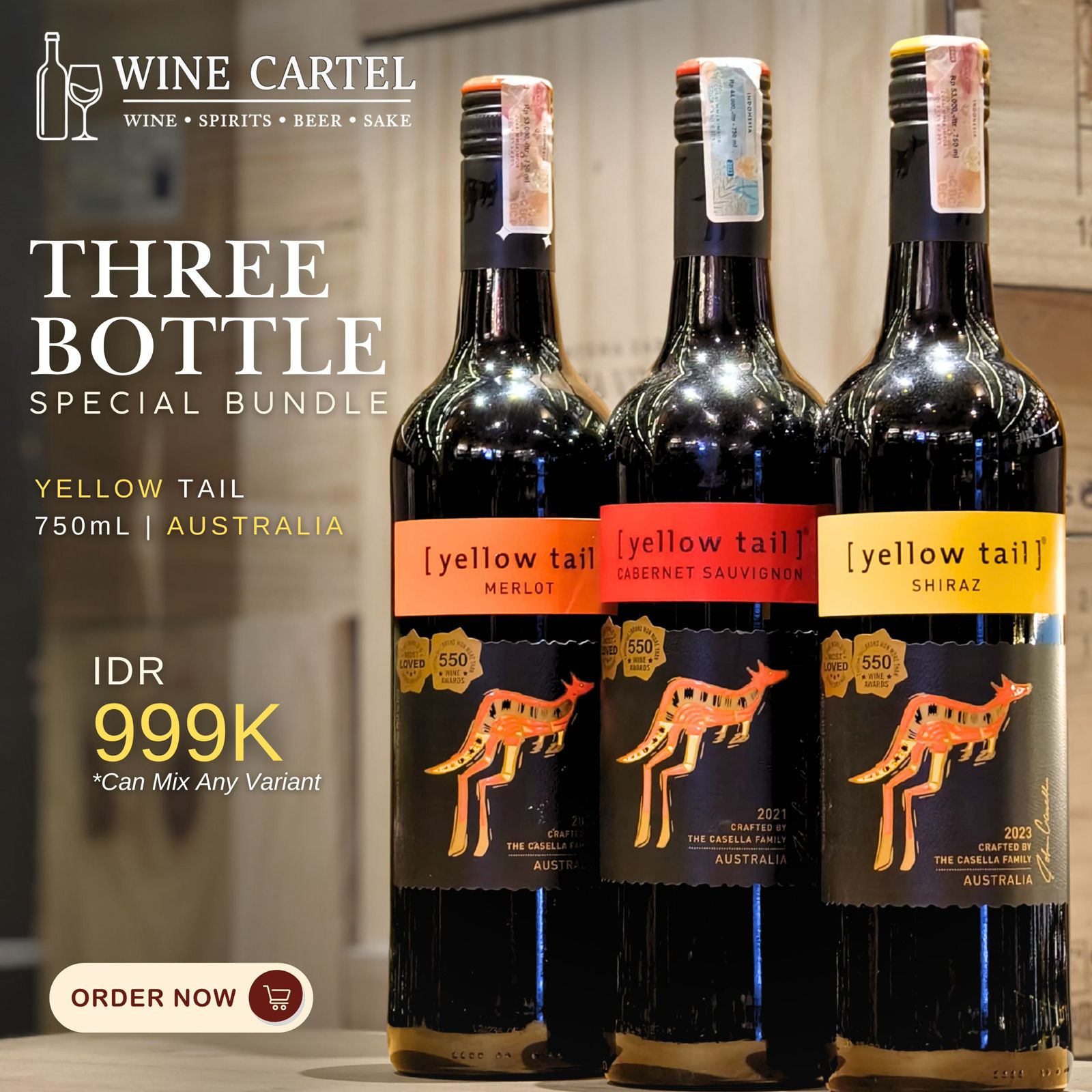 BUNDLING 3 Botol Yellow Tail Red Wine 750mL Australia | Mix Varian Merlot Cabernet Sauvignon Shiraz | Original Import