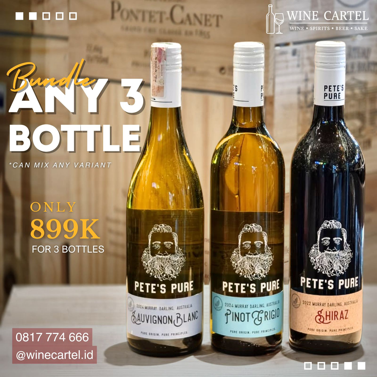 BUNDLING 3 Botol Pete's Pure Wine 750mL | Mix Any Variant | Sauvignon Blanc Pinot Grigio Shiraz Australia
