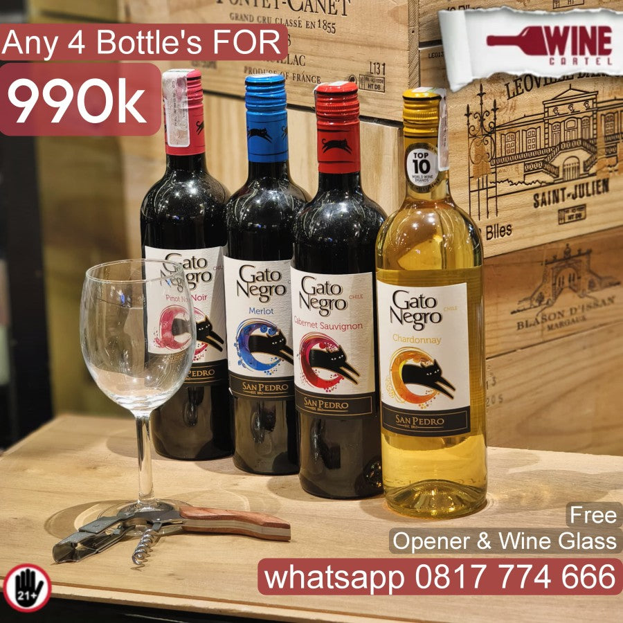 BUNDLING Gato Negro 4 Bottles FOR 990K Red & White WINE 750mL FREE Glass & Wine Opener CHILE