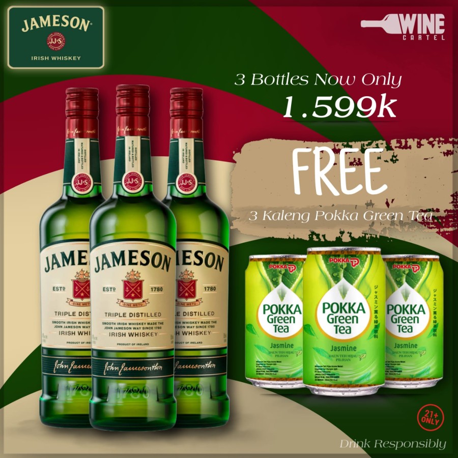 BUNDLING PROMO 3 Botol JAMESON Irish Whiskey 700mL Free 3 Pokka IRELAND