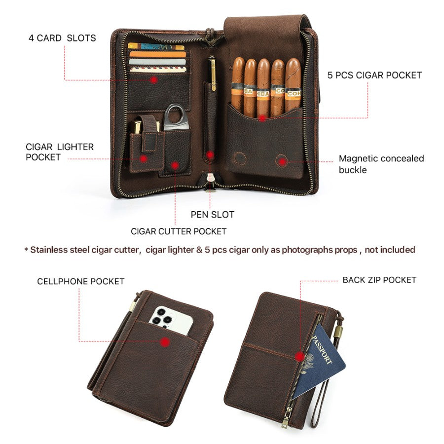 Case CIGAR Travel LEATHER Kulit 5 Slots Cerutu Card and Phone Slots
