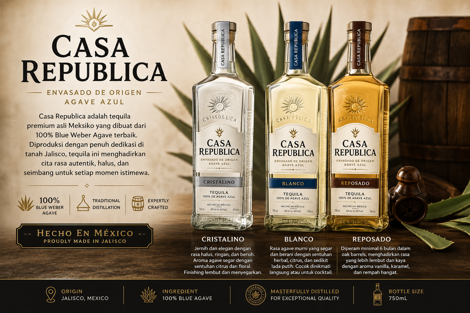 TEQUILA Casa Republica Envasado De Origen Agave Azul | CRISTALINO | BLANCO | REPOSADO | 750mL MEXICO