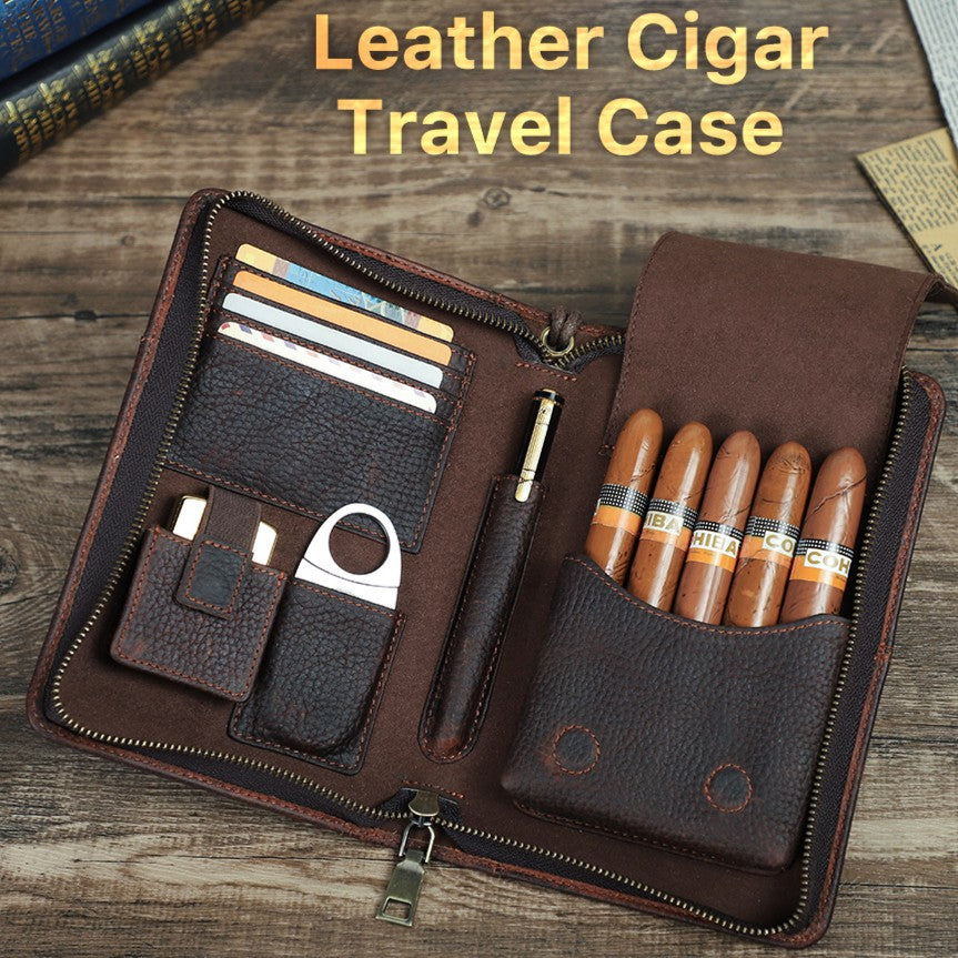 Case CIGAR Travel LEATHER Kulit 5 Slots Cerutu Card and Phone Slots
