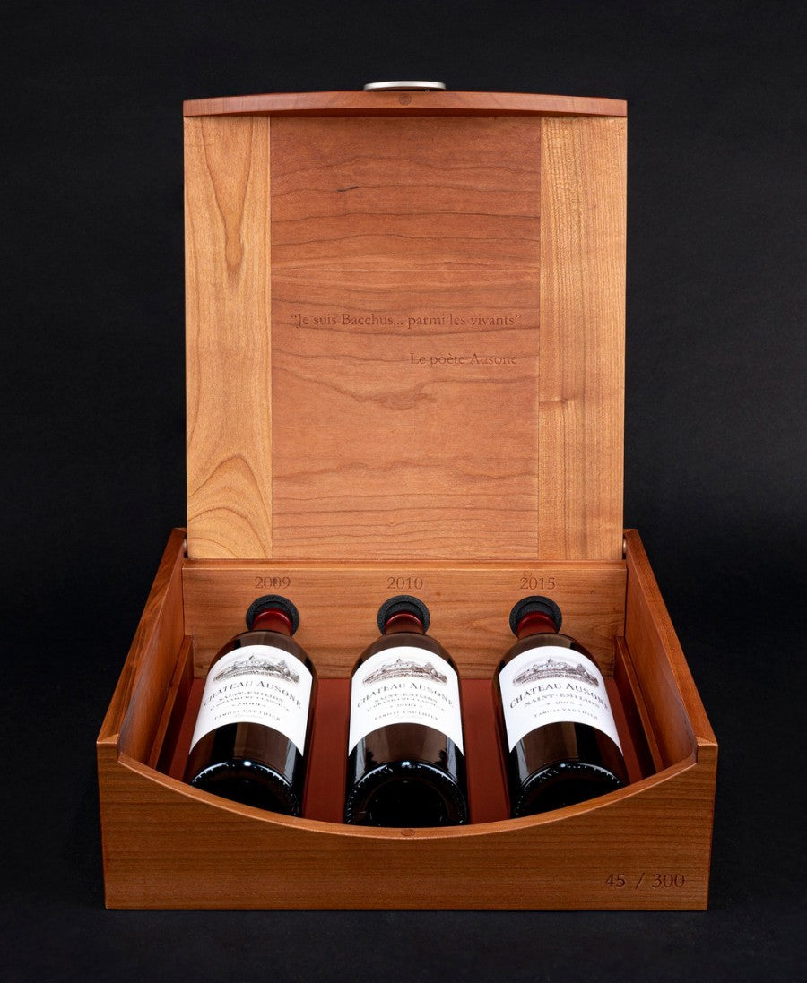 Red Wine CHATEAU AUSONE Coffret Collection 3 Bottle Set , St-Emilion Wooden Case 3x 750mL FRANCE