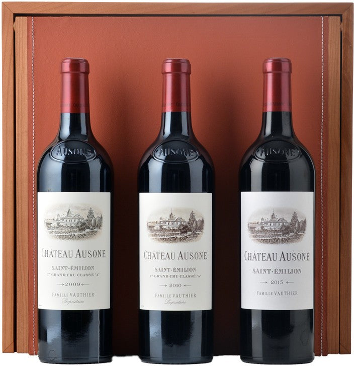Red Wine CHATEAU AUSONE Coffret Collection 3 Bottle Set , St-Emilion Wooden Case 3x 750mL FRANCE