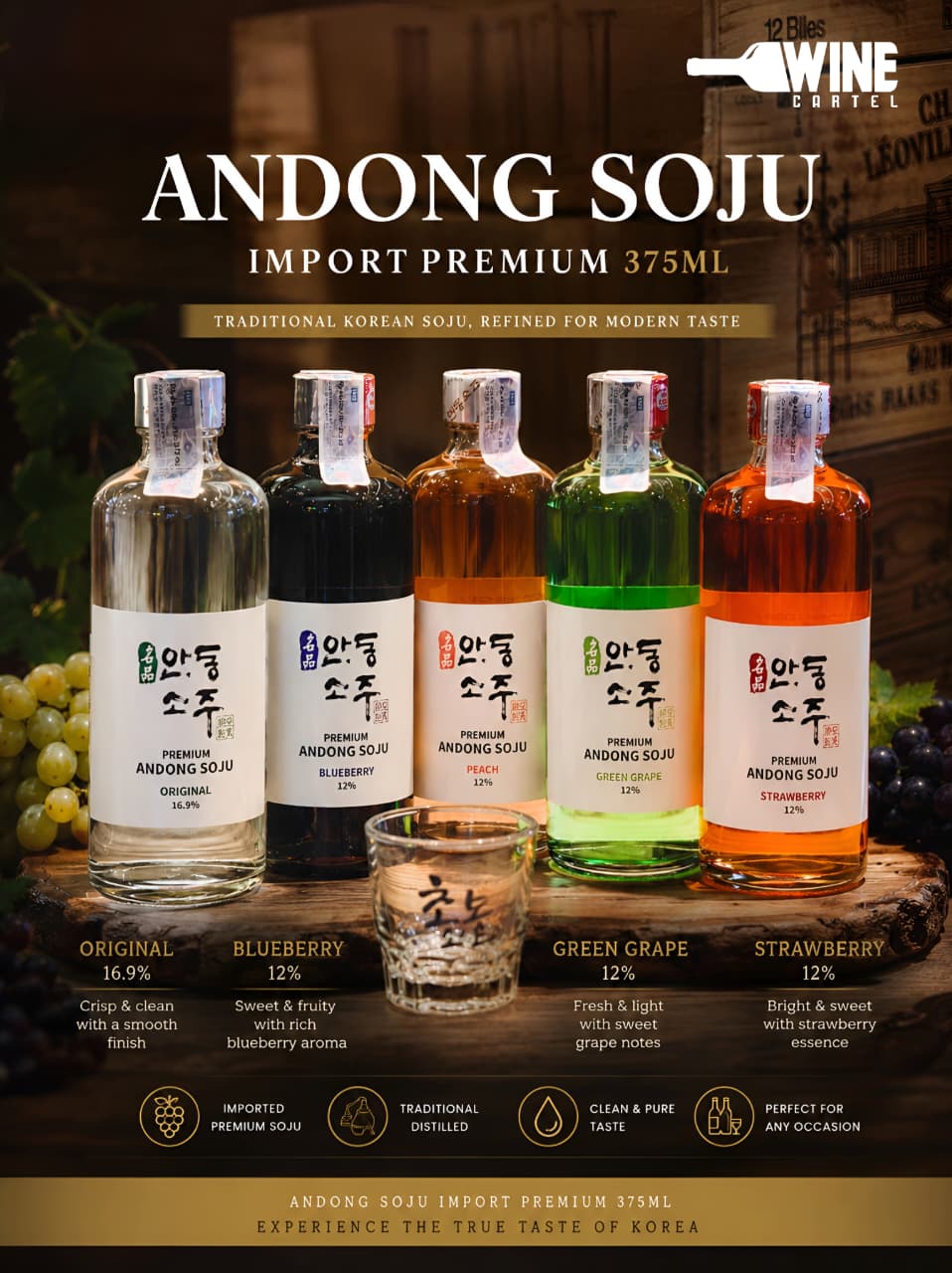 PREMIUM SOJU Import ANDONG | Original - Blueberry - Peach - Green Grape - Strawberry | 375mL Korean Soju