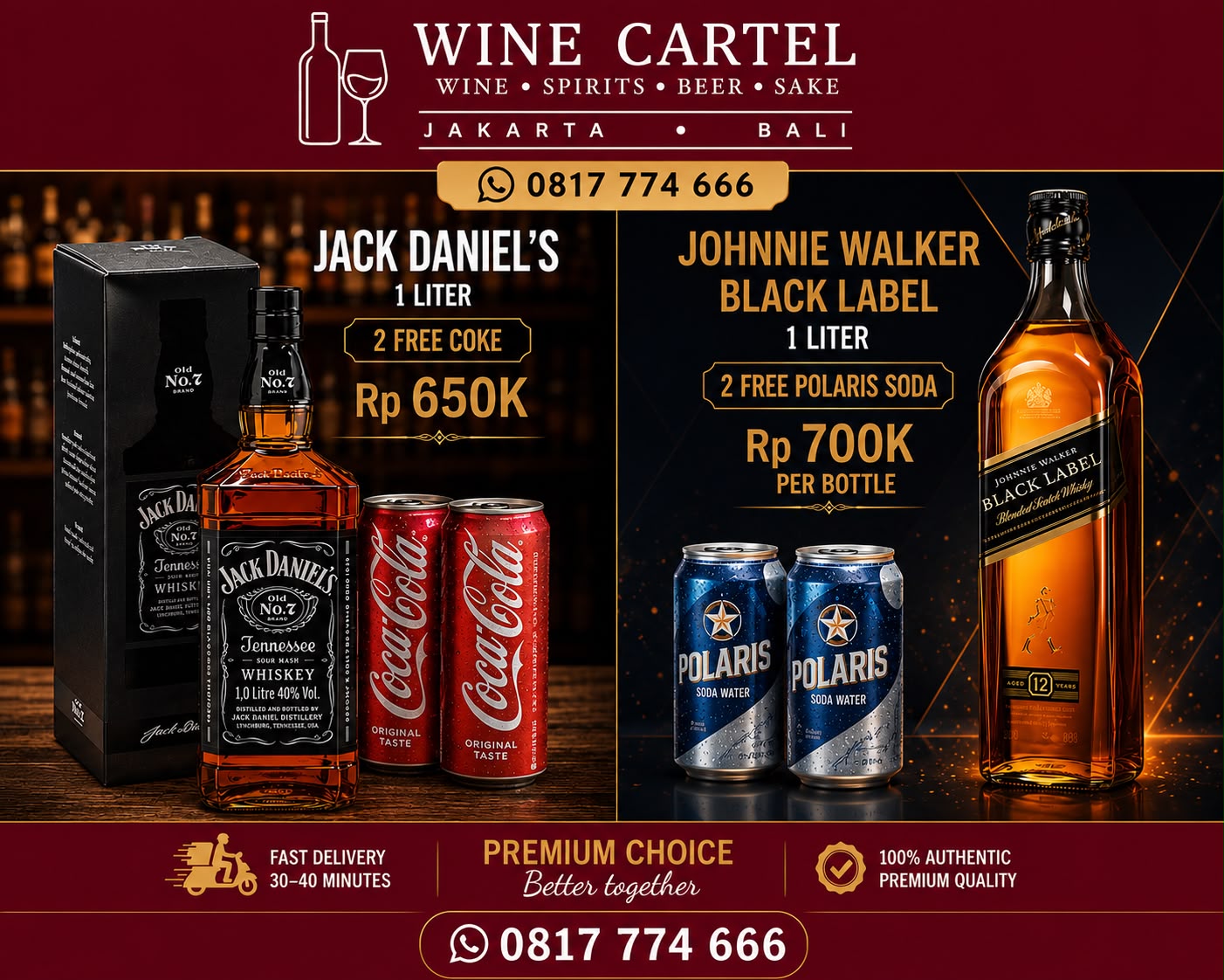 BUNDLING PROMO Whisky Original 1L Jack Daniel's / Johnnie Walker Black Label + Bonus Coca Cola / Polaris Soda Promo
