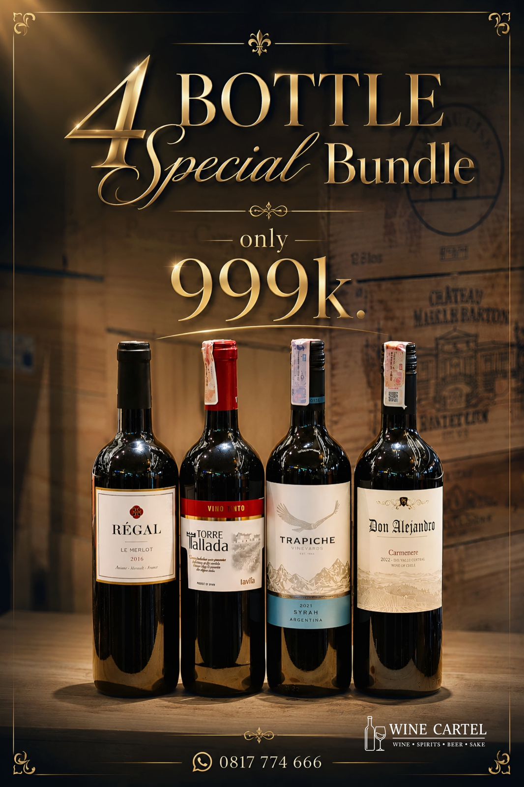 BUNDLE 4 Botol Premium Red Wine Import 750mL | Regal Le Merlot + Torre Tallada + Trapiche Syrah + Don Alejandro Carmenere