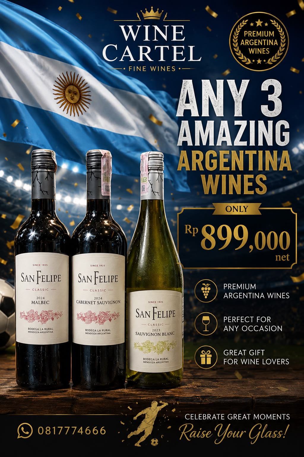 BUNDLING Any 3 Botol San Felipe Classic Wine 750mL Argentina | Malbec Cabernet Sauvignon Sauvignon Blanc | Paket Hemat 3 Botol